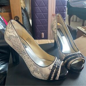 WHBM Elegant Black and Cream Peep Toe Heels 4 inch